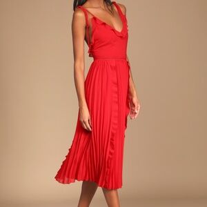 Lulus Never A Dull Moment Bright Red Tie-strap Pleated Midi Dress - Size S